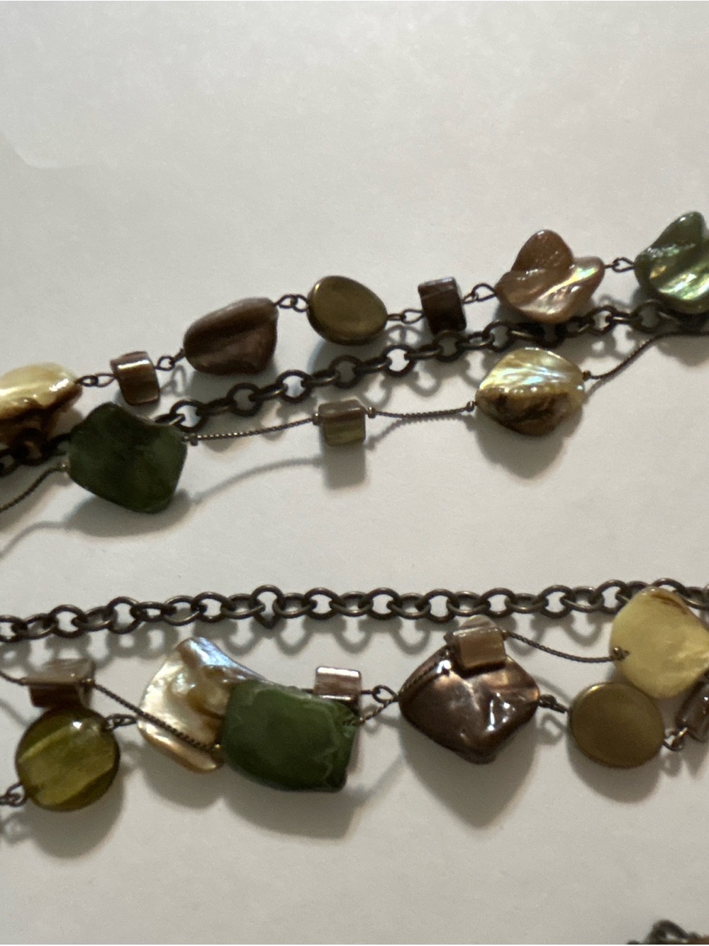 Multi Strand Olive Green Shell Bead Antique Bronze Faux Suede Scarf Necklace